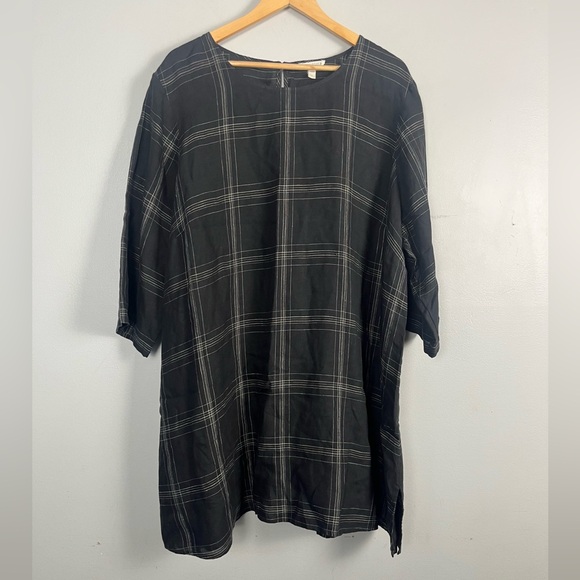 Eileen Fisher Black Linen Plaid Elbow Sleeve Tunic Top w/ Side Slits Sz 3X - Picture 1 of 5